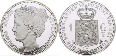 НИДЕРЛАНДЫ МЕДАЛЬ ND 1 ГУЛЬДЕН 1906, ВИЛЬГЕЛЬМИНА, ДИАМЕТР 45 ММ., ВЕС 31,33 ГР. серебро PROOF 00-00