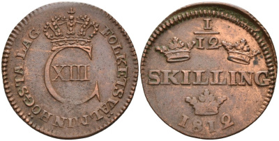 Швеция 1/12 скиллинга 1812 Карл VIII (1809-1818) KM 584 медь 190-857