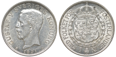 Швеция 1 крона 1931 G, Густав V (1907-1950) KM 786.2 серебро 4178-633