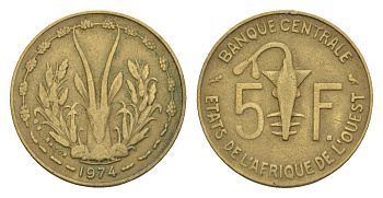 Западная Африка (BCEAO) 5 франков 1974 KM 2a медь алюминий никель 4655-768
