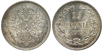Россия для Финляндии 25 пенни 1915 S, Николай II (1894-1917) KM 6.2, Биткин 420 серебро 75-1215