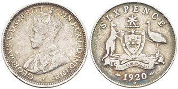 Австралия 6 пенсов 1920 M, Георг V (1910-1936), герб Австралии KM 25 серебро 3955-1265