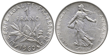 ФРАНЦИЯ 1 ФРАНК 1960 СЕЯТЕЛЬ KM 925.1, LE FRANC 226.4 никель 3999-1036