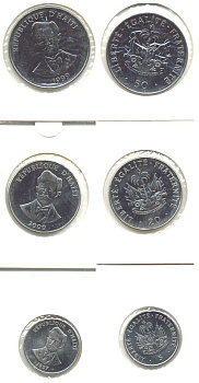 Гаити лот из 3 монет 1997-2000 (5, 20, 50 сантимов), в холдерах, Шарлемань Перальт KM 154а, 152а, 153а никелированная сталь UNC 78-15