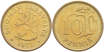 ФИНЛЯНДИЯ 10 ПЕННИ 1971 S KM 46 алюминиевая бронза 4516-736