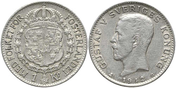 Швеция 1 крона 1942 G, Густав V (1907-1950) КМ 786.2 серебро 3896-1633