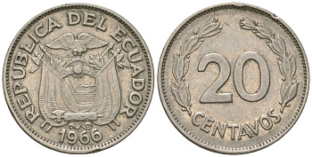Эквадор 20 сентаво 1966 KM 77.1c сталь плакированная никелем 4611-712