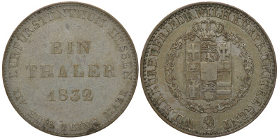 Гессен-Кассель 1 талер 1832 Вильгельм II Гессен-Кассельский (1821-1847) и Фридрих Вильгельм I (1831-1847) КМ 587, AKS 46, J. 32 серебро 00-000-00