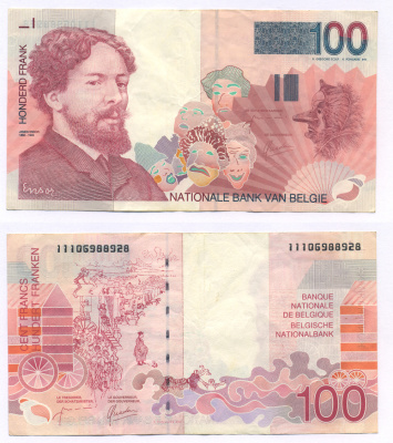 Бельгия 100 франков ND (1995-2001) Джеймс Энсор, морской пляж Pick 147 (2)  бумага   435-45-2-1