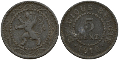 Бельгия 5 сантимов 1916 германская оккупация Первая мировая война, Альберт I (1910-1934) KM 80 цинк 4147-265