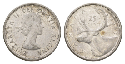Канада 25 центов 1959 Елизавета II (1952-2022), олень KM 52 серебро aUNC 4622-832
