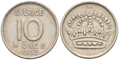 Швеция 10 эре 1953 TS, Густав VI Адольф (1950-1973) KM 823 серебро 4147-863