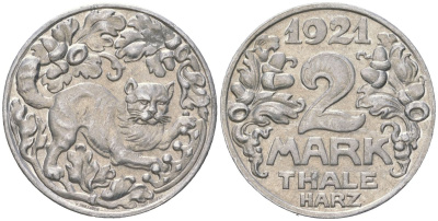 Тале-ам-Гарц (Саксония) 2 марки 1921 Funck 537.8, Men18 31188.1 алюминий 4380-625