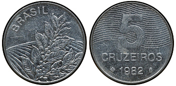 БРАЗИЛИЯ 5 КРУЗЕЙРО 1982 КОФЕ KM 591 сталь aUNC 72-932