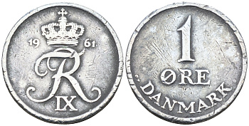 Дания 1 эре 1961 С. S, Фредерик IX (1947-1972) КМ 839.2 цинк    4169-165