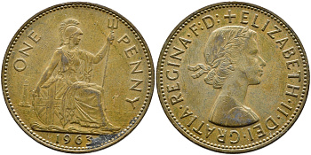 Великобритания 1 пенни 1963 Елизавета II (1952-2022) KM 897, Spink 4157 бронза 4389-842