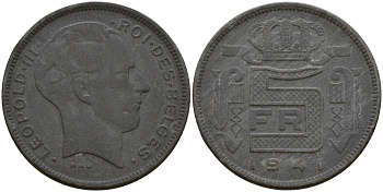 Бельгия 5 франков 1941 DES BELGES, Леопольд III (1934-1947) KM 130 цинк 4161-935
