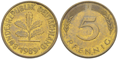 ФРГ 5 ПФЕННИГОВ 1989 J KM 107, J. 382 сталь плакированная латунью 4181-1029