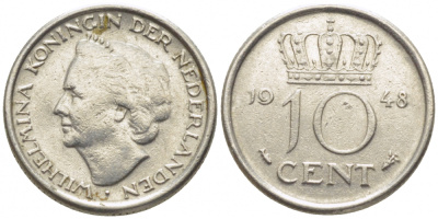 Нидерланды 10 центов 1948 Вильгельмина (1895-1948) KM 177 никель 112-258