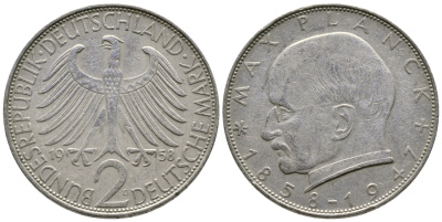 ФРГ 2 марки 1958 D, Макс Планк KM 116, J. 392 медно-никель плакированный никелем 4379-1241
