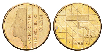 Нидерланды 5 гульденов 1988 Беатрикс (1980-2013) KM 210 никель плакированный бронзой UNC 83-1917