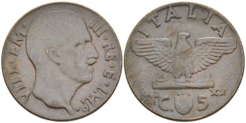 ИТАЛИЯ 5 ЧЕНТЕЗИМО 1942 R, ГОД XX, ВИКТОР ЭММАНУИЛ III (1900-1946) KM 73a, VEM3. 0956 алюминиевая бронза 3853-244