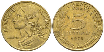 ФРАНЦИЯ 5 САНТИМОВ 1978 ТИП MARIANNE KM 933, LE FRANC 125.14 медь алюминий никель 116-447