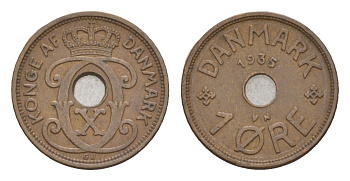 Дания 1 эре 1935 N, Кристиан X (1912-1947) KM 826 бронза 4658-151