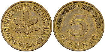 ФРГ 5 пфеннигов 1984 G J.382, KM 107 сталь плакированная латунью    4598-1037