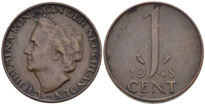 Нидерланды 1 цент 1948 Вильгельмина (1890-1948), год тип KM 175 бронза 66-427