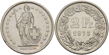 ШВЕЙЦАРИЯ 2 ФРАНКА 1975 KM 21а.1 медно-никель 32-1234