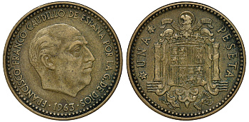 Испания 1 песета 1963 (63) Франсиско Франко (1939-1975) KM 775 алюминиевая бронза 72-955