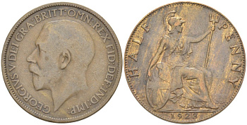Великобритания 1/2 пенни 1923 Георг V (1910-1936) KM 809, Spink 4056 бронза 4519-1145