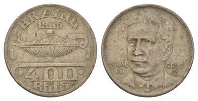 Бразилия 400 реалов 1936 Освалду Крус KM 539 медно-никель 4624-1216