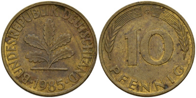 ФРГ 10 пфеннигов 1985 G KM 108 сталь плакированная латунью 4156-442