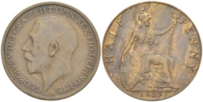 Великобритания 1/2 пенни 1923 Георг V (1910-1936) KM 809, Spink 4056 бронза 4519-1145