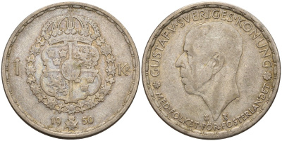 Швеция 1 крона 1950 TS, Густав VI Адольф (1950-1973) KM 814 серебро 4148-1123