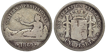 Испания 1 песета 1869 (69) ,SN-M KM 653 серебро    4116-651