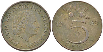 Нидерланды 5 центов 1969 Юлиана (1948-1980) KM 181 бронза 213-1052