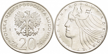 Польша 20 злотых 1975 MW, Международный год женщины KM 75, Parchimowicz 248 медно-никель UNC 4403-126