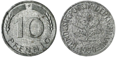 ФРГ 10 пфеннигов 1950 F, уникальный экземпляр в другом металле цинк UNC 10-010-29