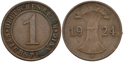 Германия 1 рейхспфенниг 1924 J KM 37, J. 313 бронза 4516-316