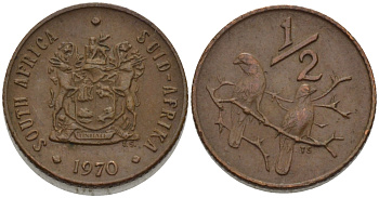 ЮАР 1/2 цента 1970 два капских воробья на ветке KM 81 бронза 66-315
