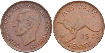 Австралия 1 пенни 1945 p, Георг VI (1937-1952), кенгуру KM 36 бронза 4512-1135