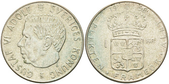 Швеция 1 крона 1956 TS, Густав VI Адольф (1950-1973) KM 826 серебро 3851-1223