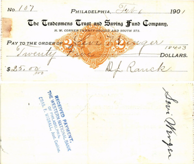 США чек на 25 долларов 1901 Филадельфия бумага 8621-45-1-1