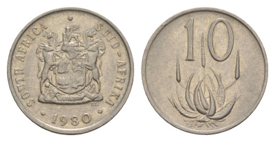 ЮАР 10 центов 1980 герб, цветок алоэ KM 85 никель 4380-131
