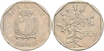 Мальта 50 центов 1995 девясил KM 98 медно-никель 92-635