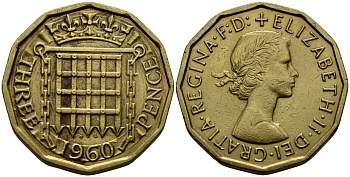 Великобритания 3 пенса 1960 Елизавета II (1952-2022) KM 900, Spink 4153 никель латунь 45-1046