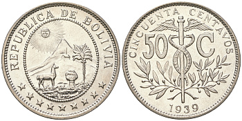Боливия 50 сентаво 1939 кадуцей, лама, горы, солнце KM 182 медно-никель aUNC M33-14